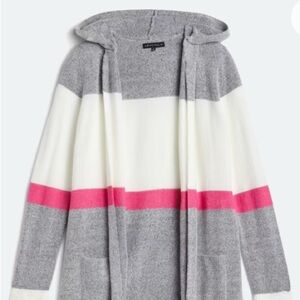 Striped Hooded Open-Front Cardigan in Gray, White & Pink